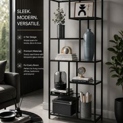 Bookcase with 6 shelves ink black - transparent glass