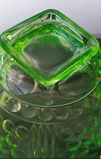 Antique 20th Century Green Uranium Glass Inverted Thistle Bowl UV Reactive  Description