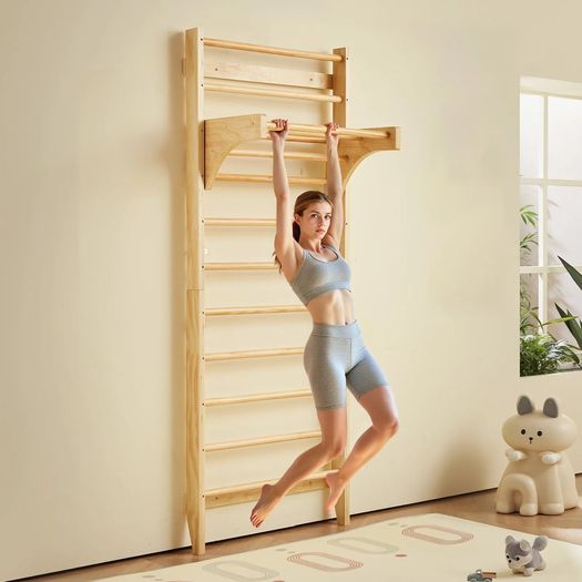 Swedish Ladder Wall Gym, 10-Level Solid Wood Indoor Jungle Gym, 220lbs Loading Indoor Playground Climbing Ladder for Kid Adults, Gymnastic Stall Bars with Pull-Up Bar - Ideal Gift for Boys Girls