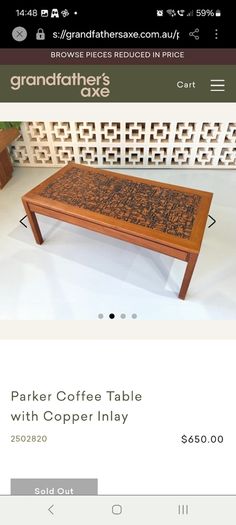 Stunning and Unique/Rare Mid Century Modern Wooden Coffee Table with Smoked Glass and Acid-Etched Copper Inlay and Slatted Magazine Shelf