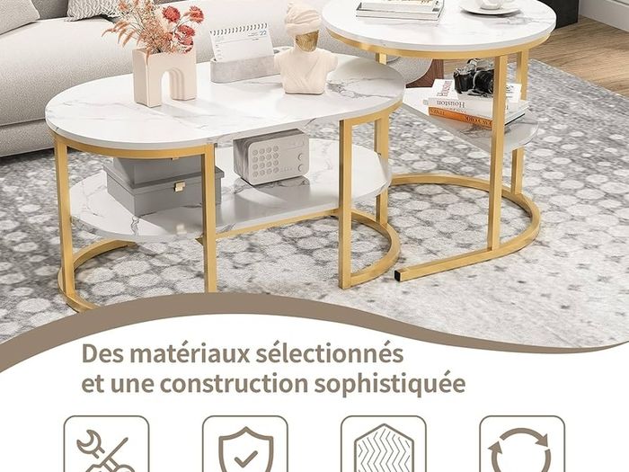 Set of 2 Elegant Coffee Tables with Practical Storage, Marble Design and Metal Frame, White and Gold Living Room Tables Gold