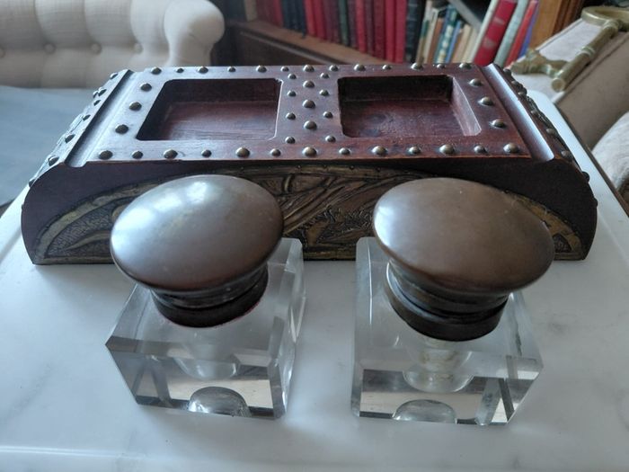 Antique double ink well desk stand