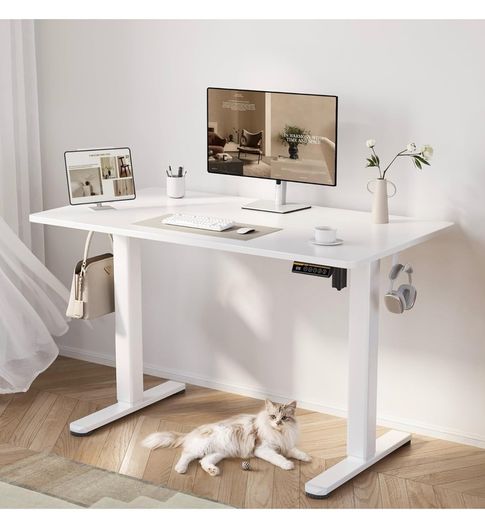 Electric Standing Desk 120 x 60cm, Height Adjustable Sit Stand Desk with 3 Memory Presets, Home Office Desk with Anti-Collision System, Quiet Motor, 2 Hooks, White
