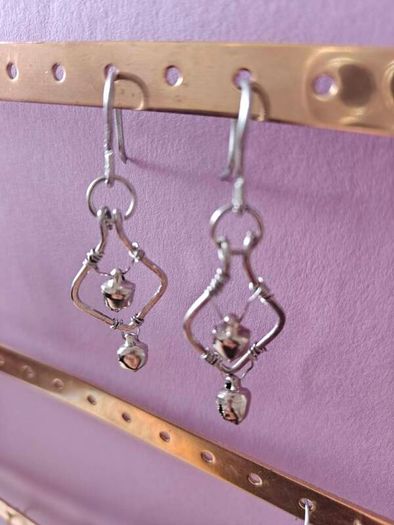 Stainless Steel Earrings with Bells, Handmade Wire Art, Geometric Dangles