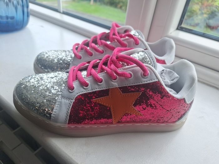 Brand new pink & silver glitter trainers with orange star detail