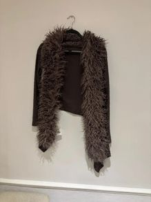 Chip Chip Brown Faux Fur Trim Cardigan Jacket Y2K Boho Size M 38 10