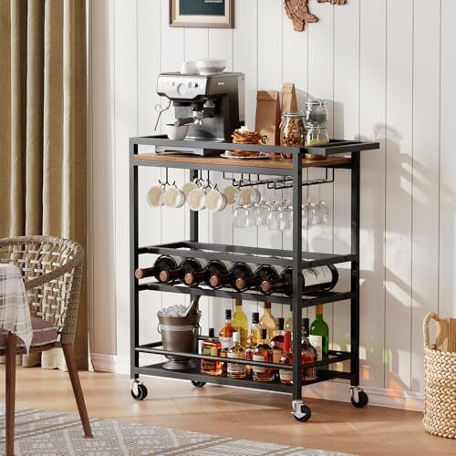 3-Tier Drinks Trolley on Wheels, Kitchen Serving Trolleys with Wine Rack, Rolling Beverage Cart with Shelves and Handle