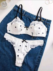 White Lingerie Set with Black Hearts & Bows Size M