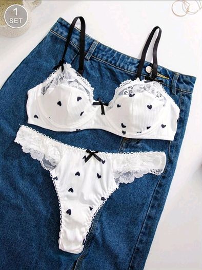 White Lingerie Set with Black Hearts & Bows Size M