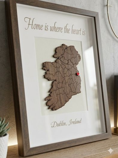 Home is Where the Heart Is Handcrafted Walnut Ireland Shadow Box Frame with Gift Box