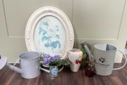 Vintage inspired Garden Decor Bundle, Cream Floral Frame, Metal Watering Cans &amp; Accessories