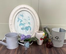 Vintage inspired Garden Decor Bundle, Cream Floral Frame, Metal Watering Cans & Accessories