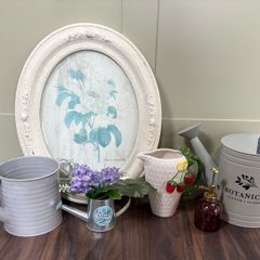 Vintage inspired Garden Decor Bundle, Cream Floral Frame, Metal Watering Cans & Accessories