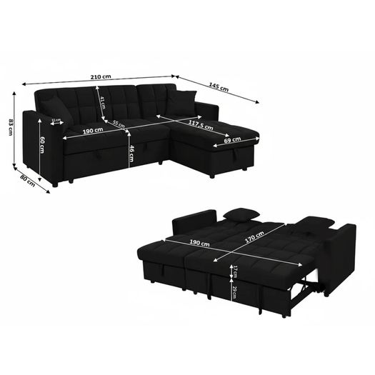Kris Black Sofa Bed, Reversible Chaise & Storage