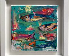 Framed Original Abstract Painting of Fish Original Gift