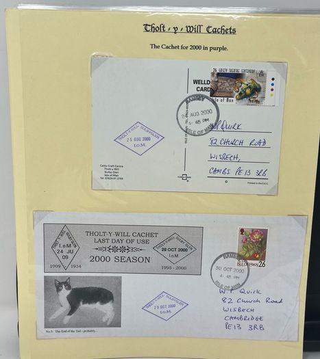 24 Beautifully written up Isle of Man display pages with lots of postcards and stamps. Maps, IOM TT and Manx cat noted