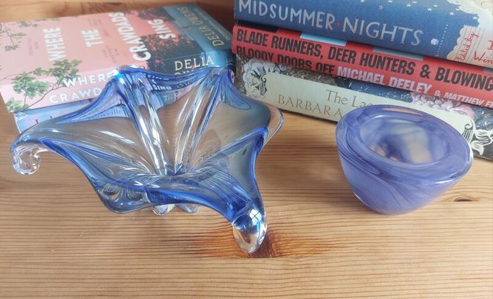 Fabulous Pair of Two Vintage Small Hand-Blown Art Glass Pieces in Shades of Bright Blue and Cornflower Blue, Sold as a Pair