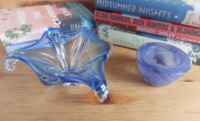 Fabulous Pair of Two Vintage Small Hand-Blown Art Glass Pieces in Shades of Bright Blue and Cornflower Blue, Sold as a Pair