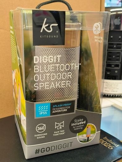 KitSound KS DIGGIT Diggit Outdoor Freestanding Bluetooth Garden Speaker with Removable Stake, Silver/Wood (New)