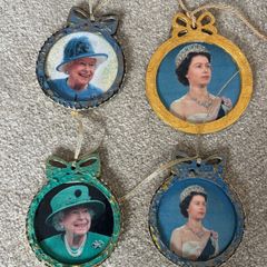 4 Vintage Handmade Christmas Tree Ornaments featuring Queen Elizabeth II