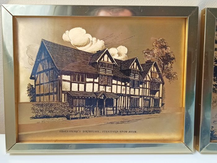 Two Dufex gold foil prints Shakespeare's Birthplace in Stratford-upon-Avon and Man & his Horse Chiddingstone, Kent  in brass glazed frames   size 17.5x22.5cm