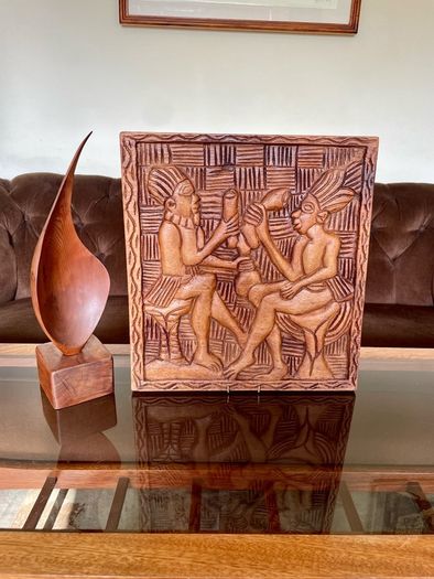 Vintage Hand Carved Deep Relief Large Wooden Wall Art Panel Tribal Village Scene Story Board