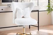 Vanity Chair with Gold Wheels &amp; Bow Pillow, Fluffy Desk Chairs for Home Office &amp; Bedroom, Height Adjustable&amp; Easy to Assemble,White
