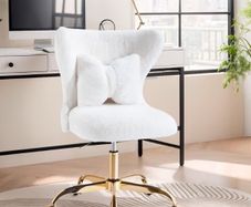 Vanity Chair with Gold Wheels & Bow Pillow, Fluffy Desk Chairs for Home Office & Bedroom, Height Adjustable& Easy to Assemble,White