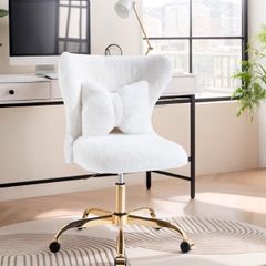 Vanity Chair with Gold Wheels & Bow Pillow, Fluffy Desk Chairs for Home Office & Bedroom, Height Adjustable& Easy to Assemble,White