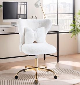 Vanity Chair with Gold Wheels & Bow Pillow, Fluffy Desk Chairs for Home Office & Bedroom, Height Adjustable& Easy to Assemble,White