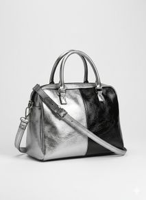 Genuine leather black and silver satchel messenger bag with adjustable strap