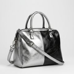 Genuine leather black and silver satchel messenger bag with adjustable strap