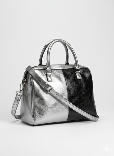 Genuine leather black and silver satchel messenger bag with adjustable strap