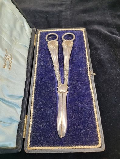 Antique Victorian Walker & Hall Grape Scissors - Sheffield Plated - Cased 1893