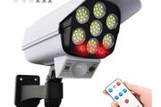 Outdoor Motion Sensor Solar Lights 77 LED FloodLight Waterproof Wireless Dummy Decoy Fake Security Camera for Porch Garden Patio