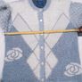 Peoeha Vintage Dusty Blue & Cream Fluffy Fuzzy Argyle Knit Button-Front Rose Cardigan Size L Image 10