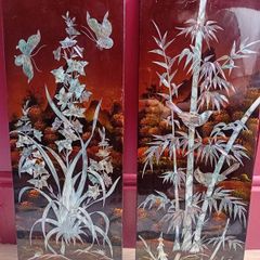 A pair of vintage oriental lacquer and mother of pearl inlay wall pictures