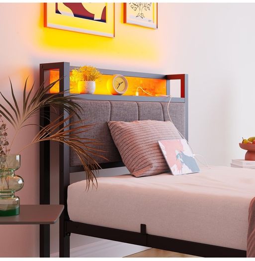 single LED Lights,Metal Upholstered Platform Bed Frame with Charging