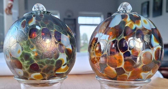 Amber, Green, Maroon and White Marbled Iridescent Decorative Glass Globe Hanging Ornaments