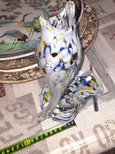 Rare 1960s Handmade Murano Style End of Day Splatter Glass Fish Ashtray Vase