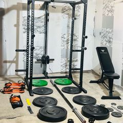 Power Rack  With  Pulley System Rubber Weights Olympic Bar Gym Belt + More