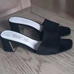 Black Suede Open Toe Slip on Mules