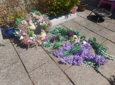 Large selection of artificial flowers plus very large door wreath