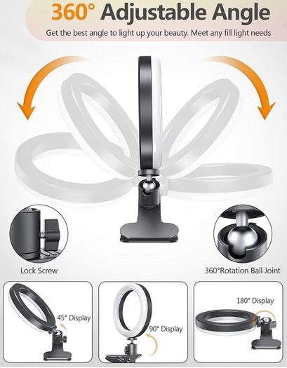 6.3 Inch Video Conference Ring Light with Ultra wide Clip, 360 Degree Rotatable Table Ring Light with Dimmable 3 Modes 10 Brightness Level for Live Streaming Desktop Reading/Makeup/Webcam/YouTube/TiK Tok (FREE POSTAGE)
