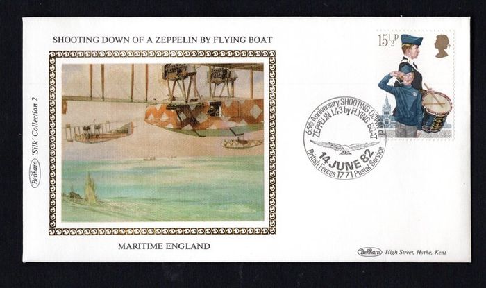 1982 Great Britain Benham Silke Cover showing Shooting Down of Zeppelin by Flying Boat With 65 Anniversary cancel tying 15 1/2p Youth Organisations Boys Brigade commemorative stamp