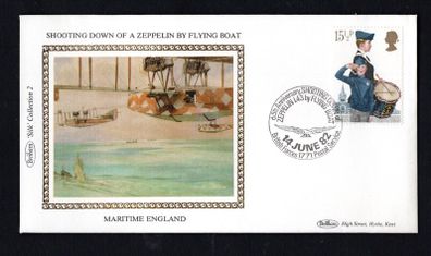1982 Great Britain Benham Silke Cover showing Shooting Down of Zeppelin by Flying Boat With 65 Anniversary cancel tying 15 1/2p Youth Organisations Boys Brigade commemorative stamp