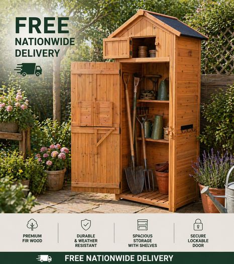Wooden Garden Storage Shed  Tall Outdoor Tool Cabinet with Shelves & Folding Table