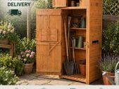 Wooden Garden Storage Shed  Tall Outdoor Tool Cabinet with Shelves & Folding Table