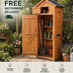 Wooden Garden Storage Shed  Tall Outdoor Tool Cabinet with Shelves & Folding Table