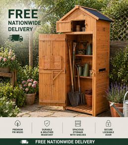 Wooden Garden Storage Shed  Tall Outdoor Tool Cabinet with Shelves & Folding Table